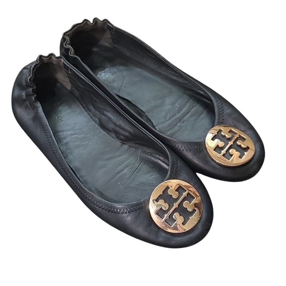Tory‎ Burch Reva Black Leather Ballet Flats 8.5 Logo Rich Mom Preppy Corpcore